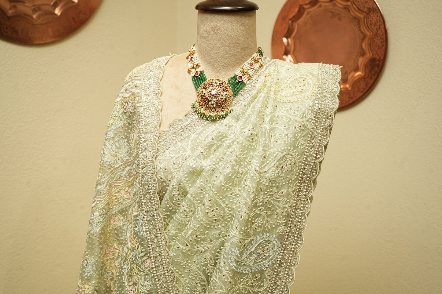 Organza Chikankari mint green saree