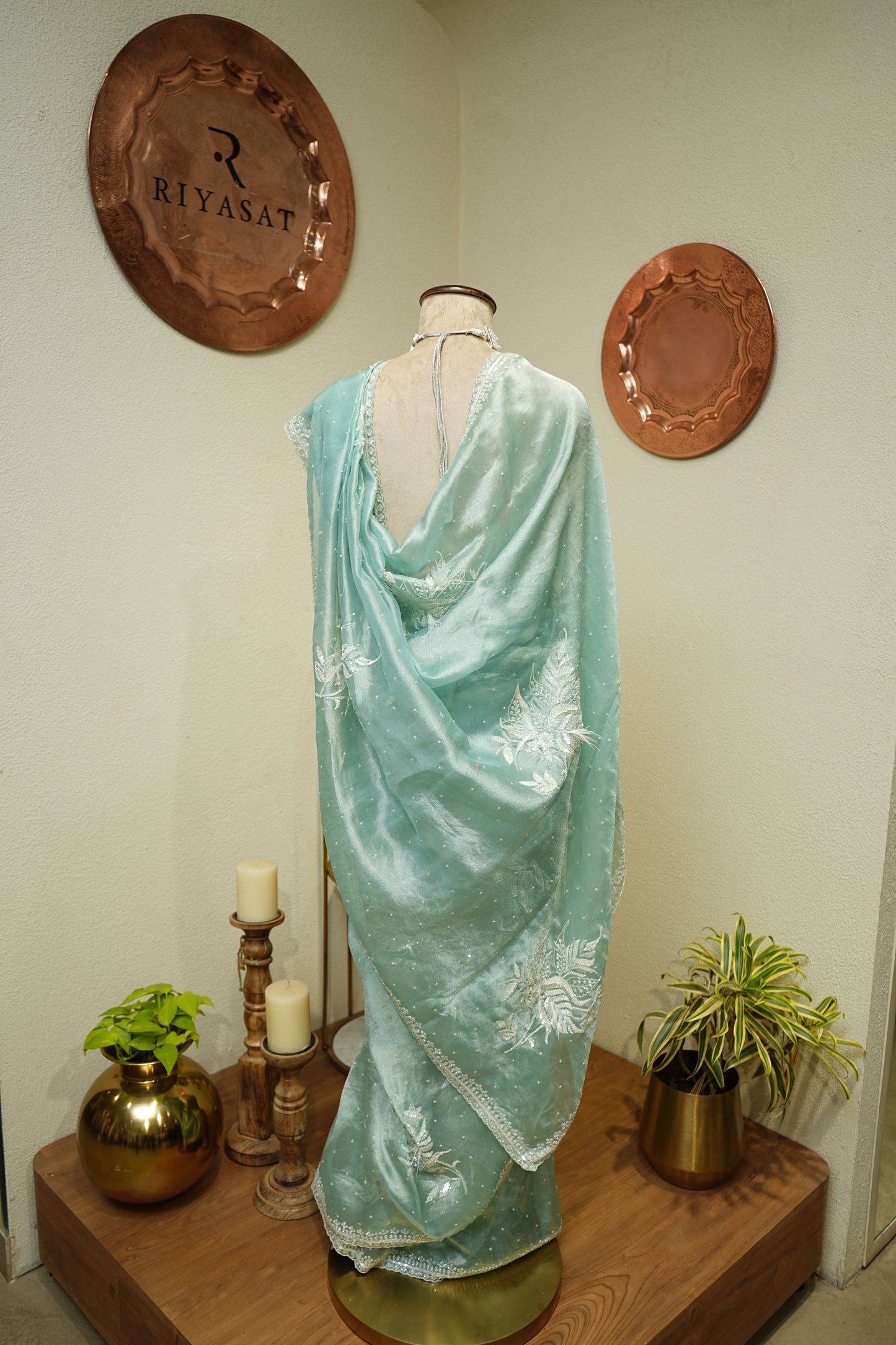 Aqua Tissue Feather work saree