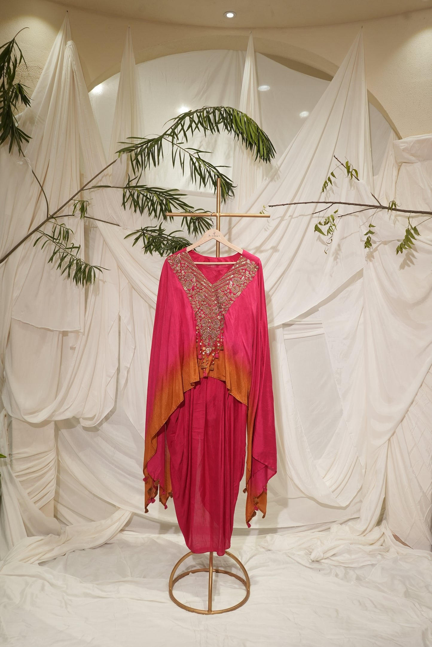 crape omeradai updown kaftan pink and mustard