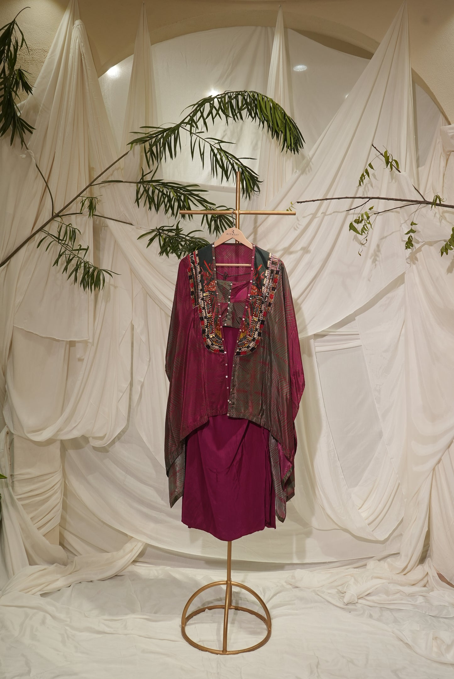 crape printed bustier updown jacket with skirts wine