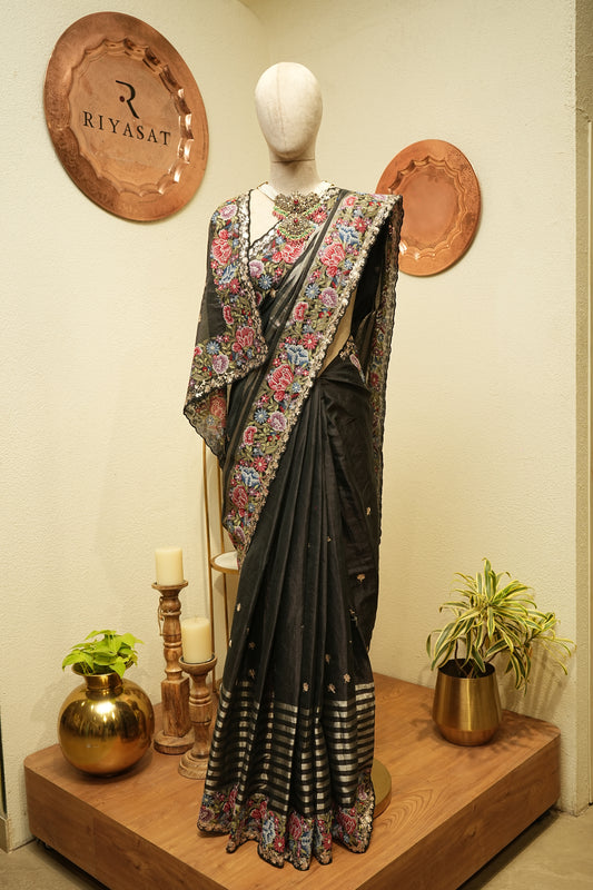 Black crossstitch tissue saree