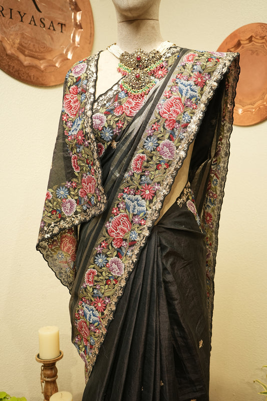 Black crossstitch tissue saree