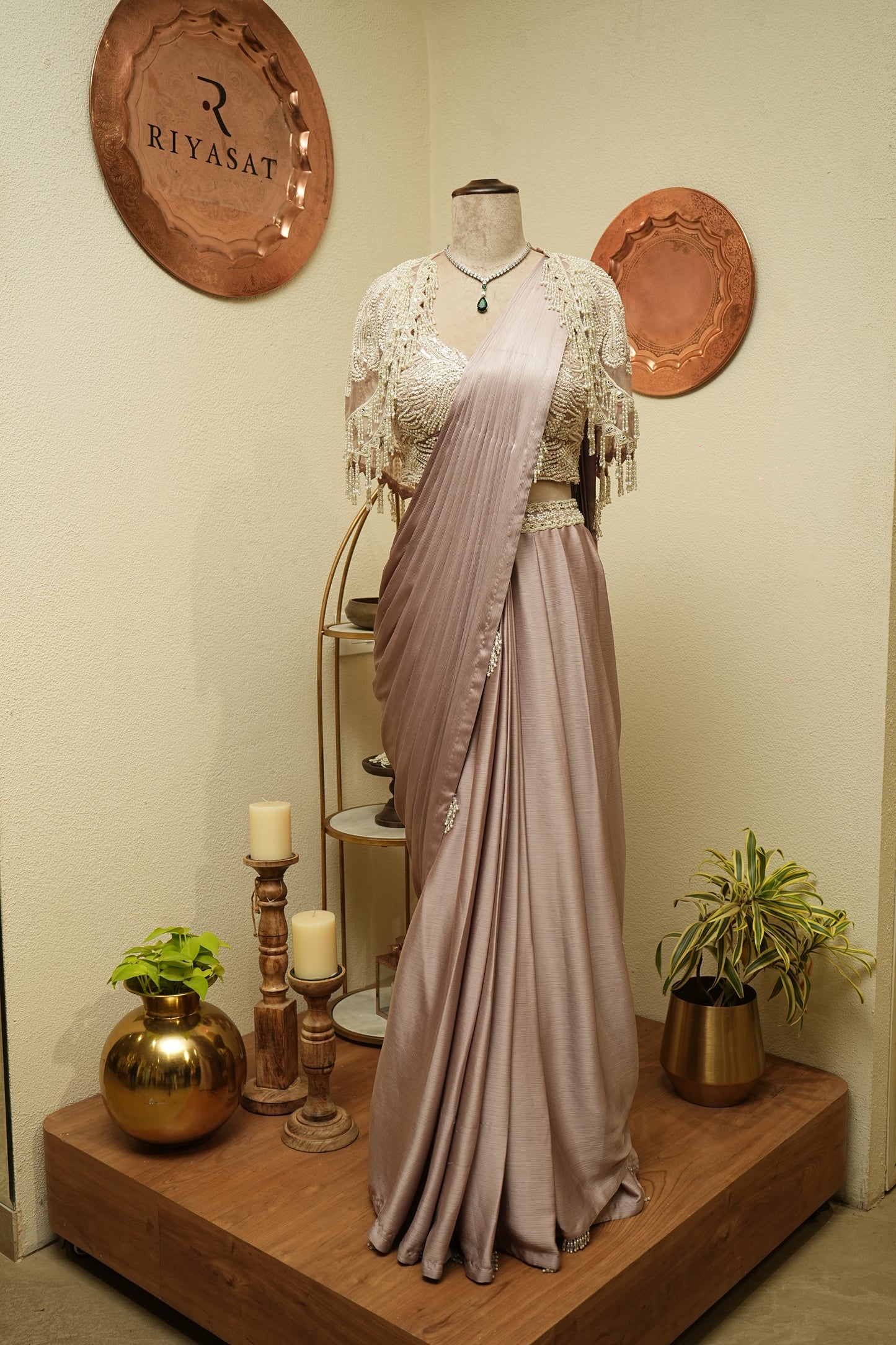 Drapperd mauve saree with pearls