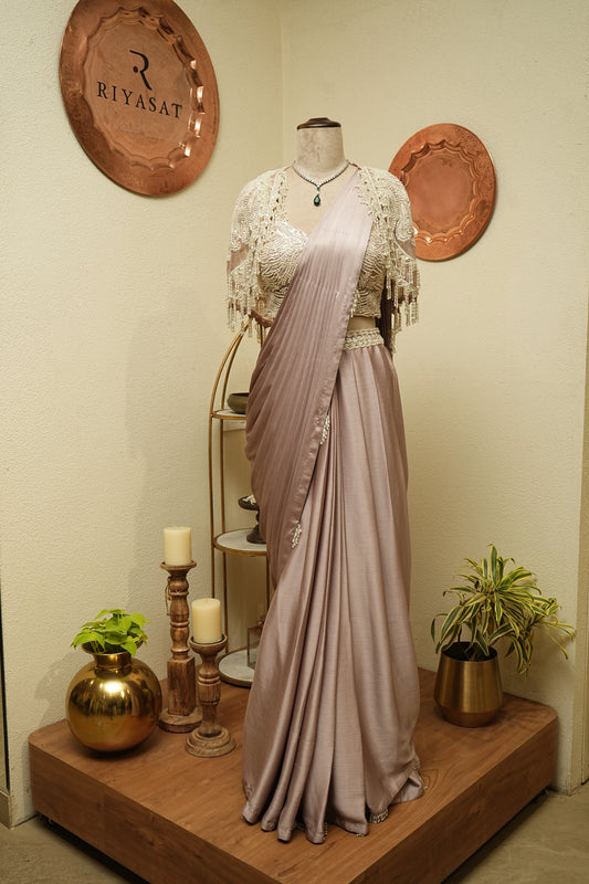 Drapperd mauve saree with pearls