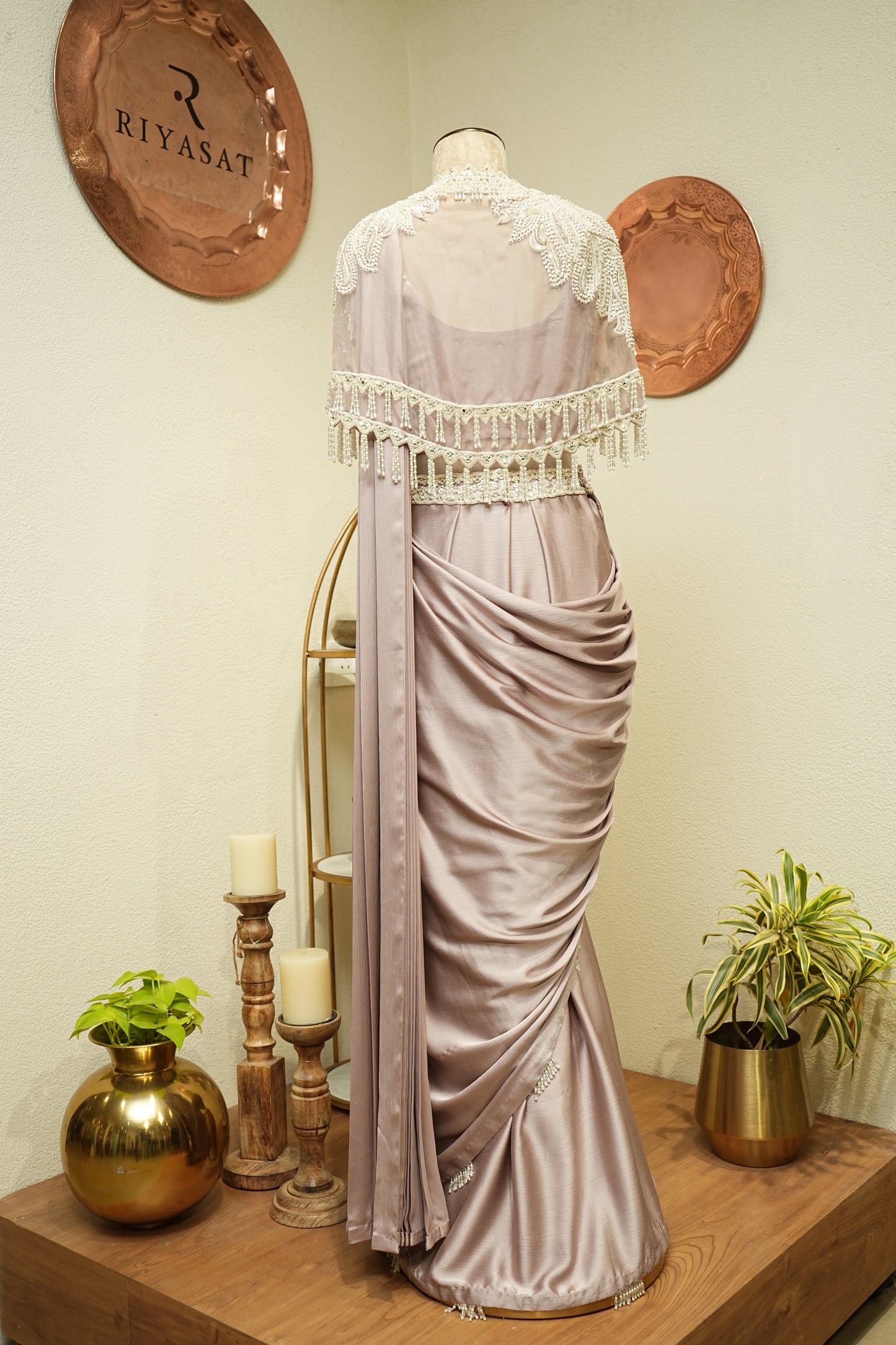 Drapperd mauve saree with pearls