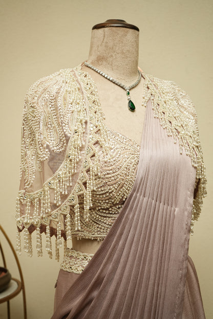 Drapperd mauve saree with pearls
