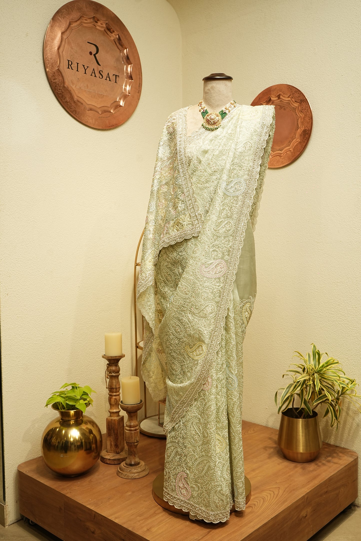 Organza Chikankari mint green saree