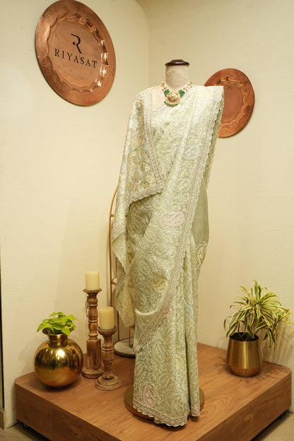 Organza Chikankari mint green saree