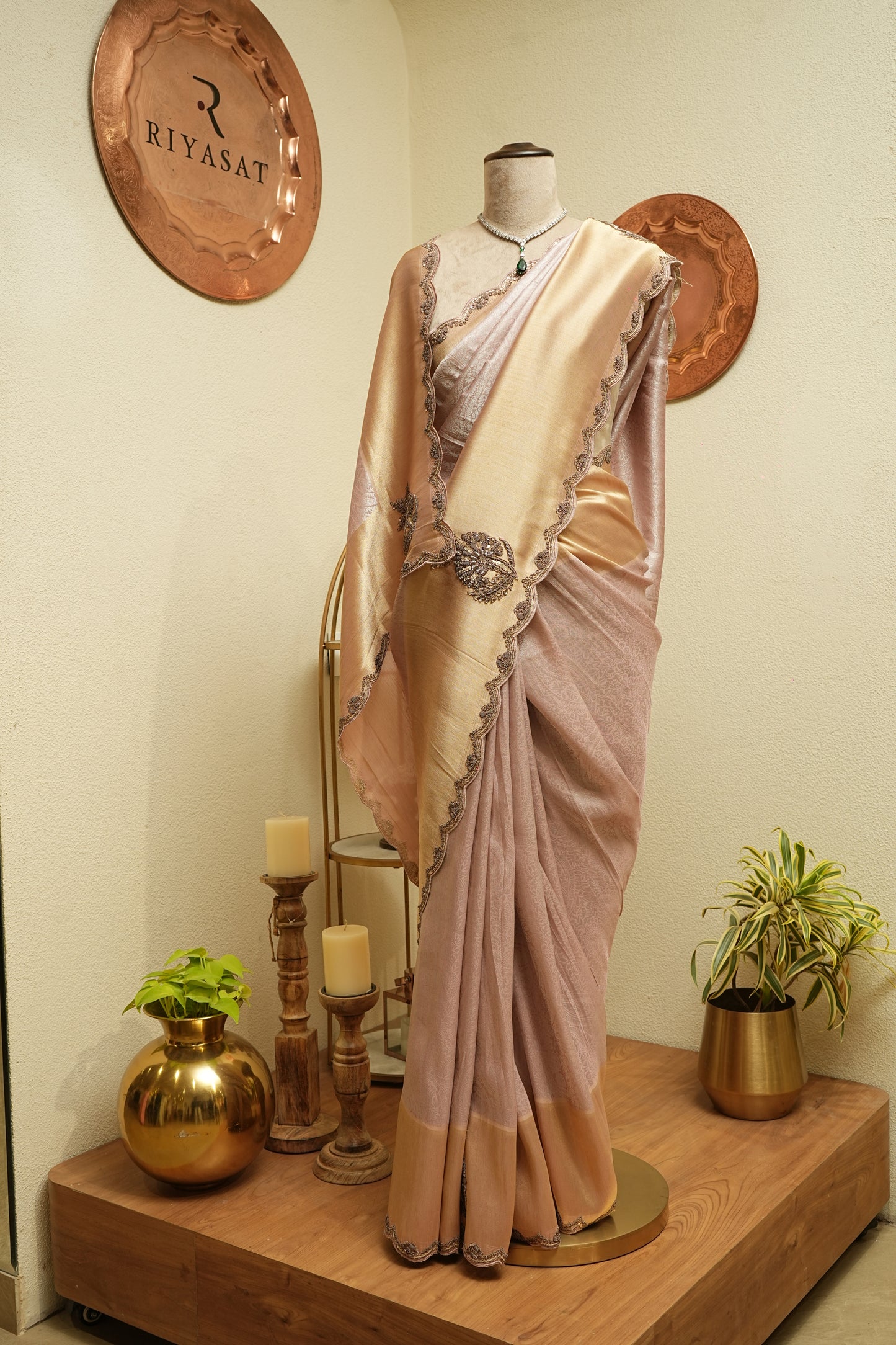 mauve tissue antique embrodered sareee