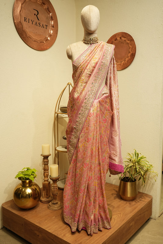 Peach and pink georgette tissue embroidered saree