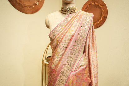 Peach and pink georgette tissue embroidered saree