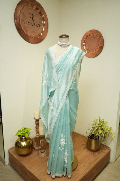 Aqua Tissue Feather work saree