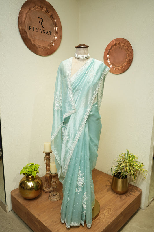 Aqua Tissue Feather work saree