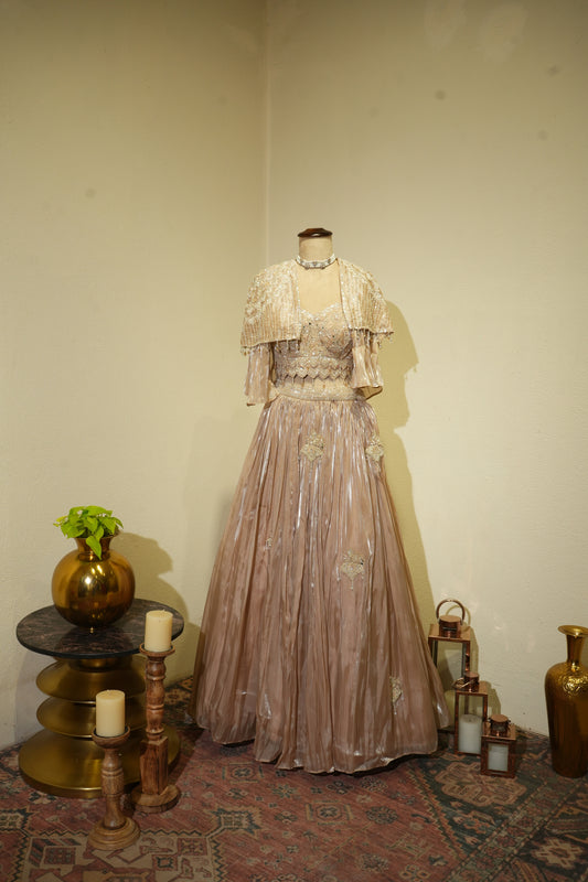 Mocha Glass Tissue Cape Dress