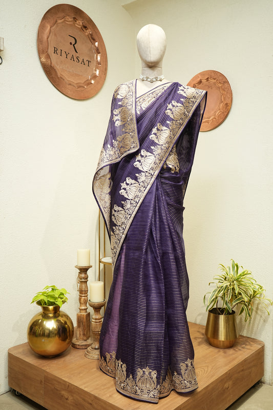purple banarsi organza mughal work saree