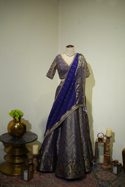 Blue Banarsi Embroidered Blouse Lehenga
