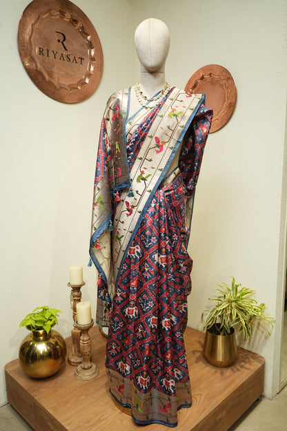 Ikkat Tusser Print Paithani Border Saree