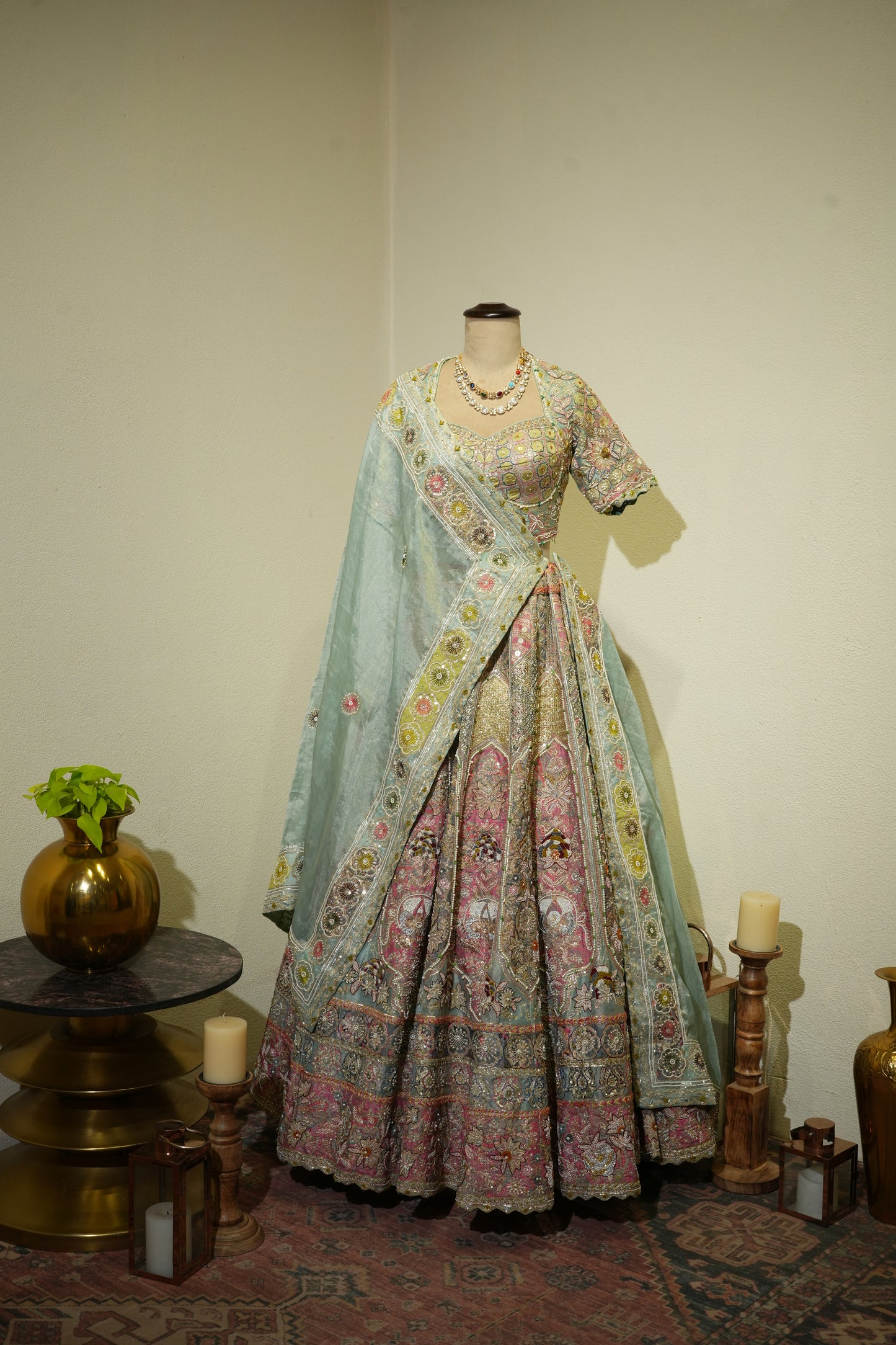 Ferozi Pink Tissue Lehenga