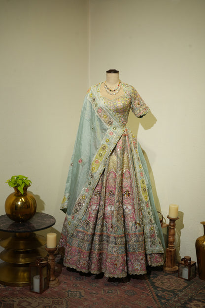 Ferozi Pink Tissue Lehenga