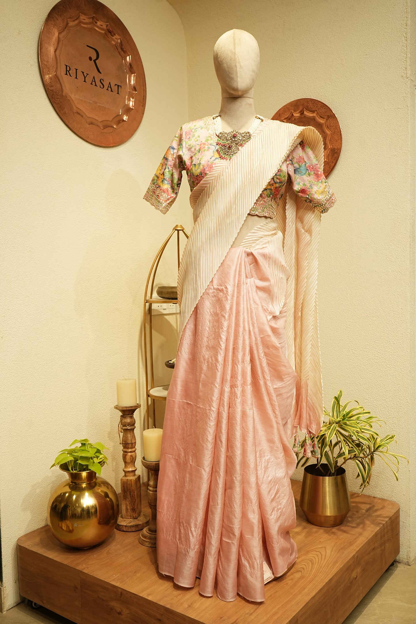 Pastel pink crushed tussar silk saree