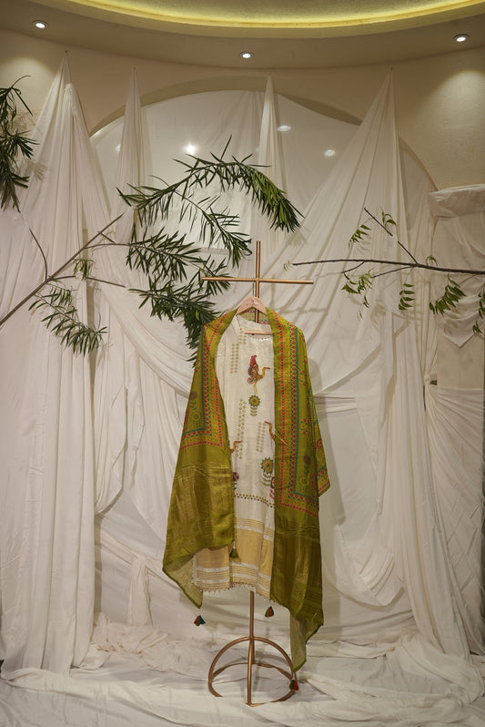 dhaccai chanderi dupatta ivory with mehndi