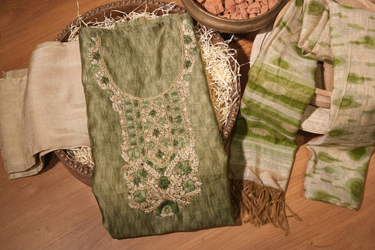 chanderi green hand emb