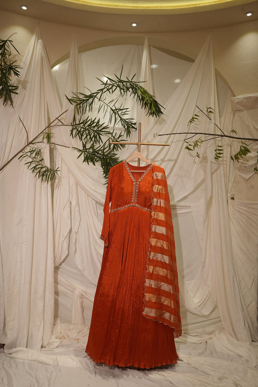 chinon crushed dupatta organza tissue anarkali orange