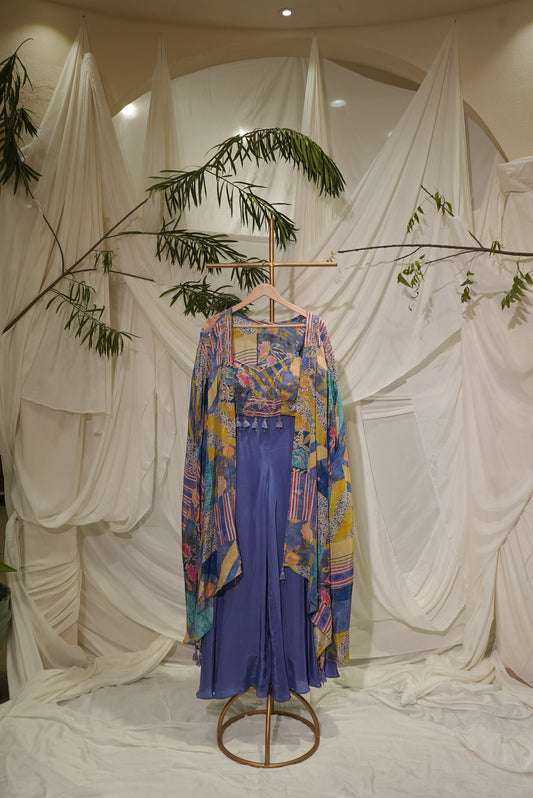 craped printed top and plazo short printed dupatta voilet