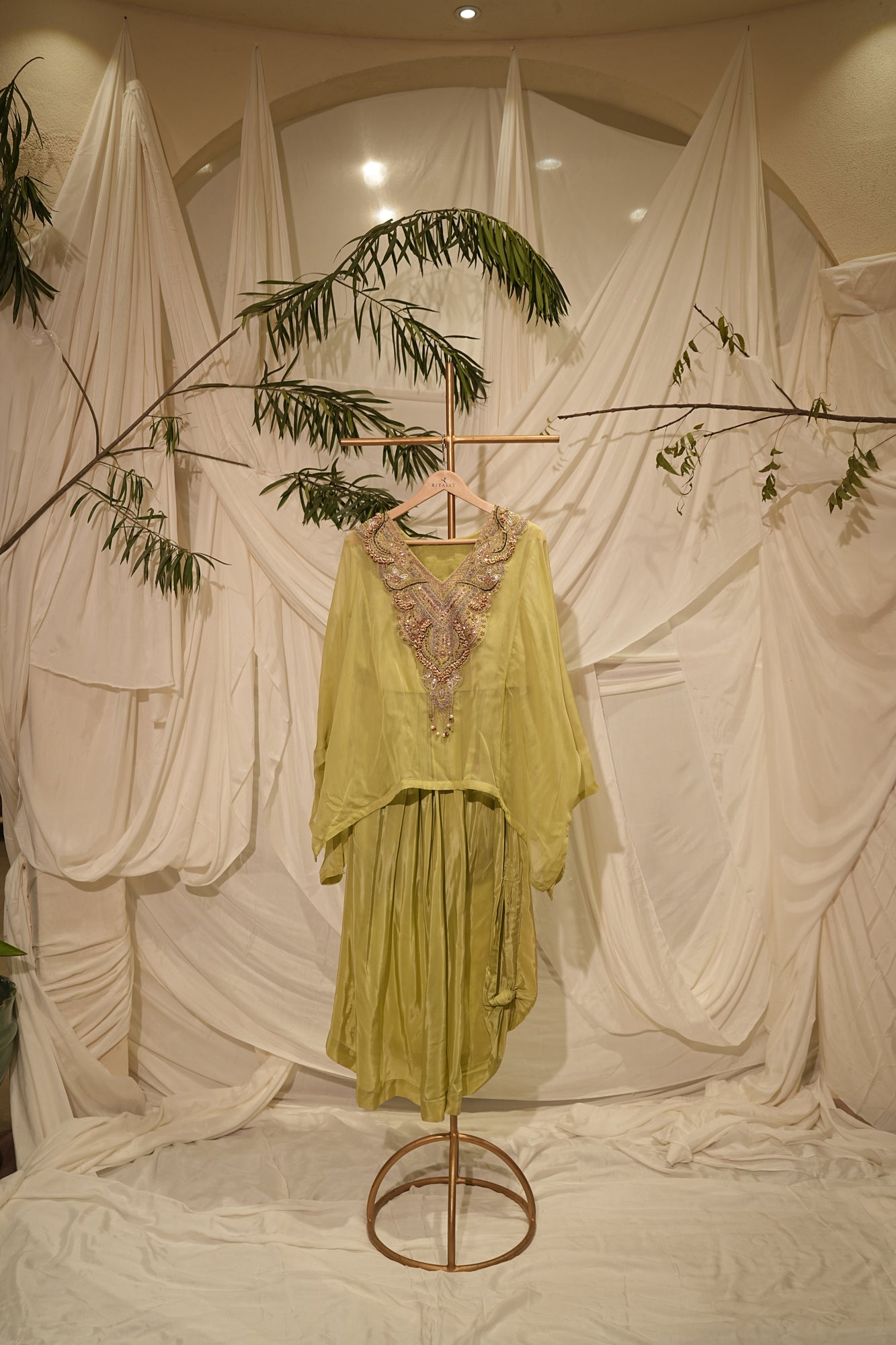 craped seed plus organza kaaftan sea green colour
