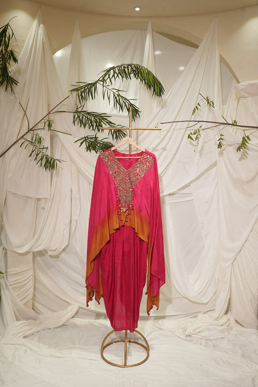 crape omeradai updown kaftan pink and mustard