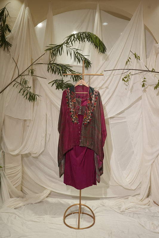 crape printed bustier updown jacket with skirts wine